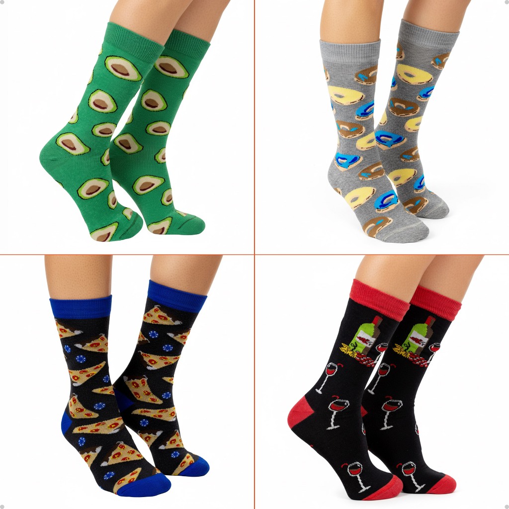 Kit 4 Pares Meias Divertidas Oddo Gourmet Pizza Vinho Abacate Donut