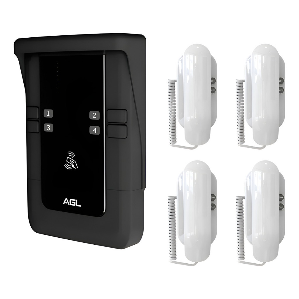Kit Porteiro Coletivo Agl S-500 Com 4 Interfones App Celular Porteiro Preto/interfone Cor Branco