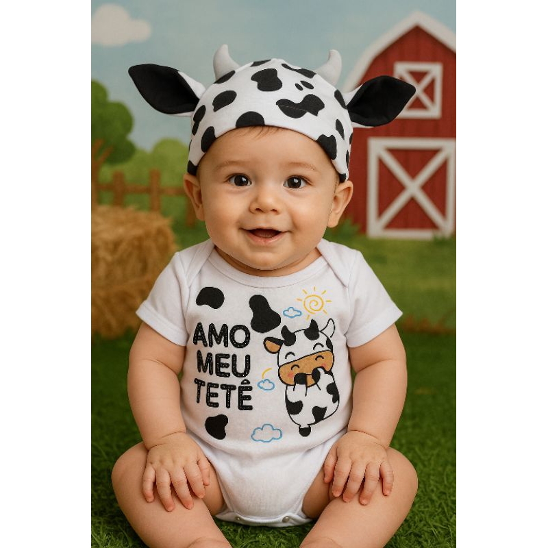BODY bebê Amo Meu Tetê + touca mesversário temático em Oferta na Shopee