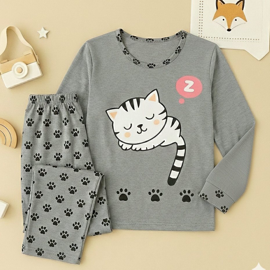 Pijama De Inverno Gatinho Cinza Malha Premium Longo Manga Comprida e Calça Feminino Adulto Estampado