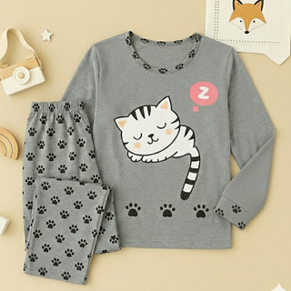 Pijama De Inverno Gatinho Cinza Malha Premium Longo Manga Comprida e Calça Feminino Adult…