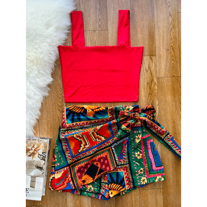 conjunto 2pcs de cropped suplex com saia com short estampado182 em Oferta na Shopee