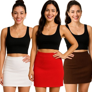 Kit 3 saias curta, tecido anarruga, canelado, tamanho único. em Oferta na Shopee