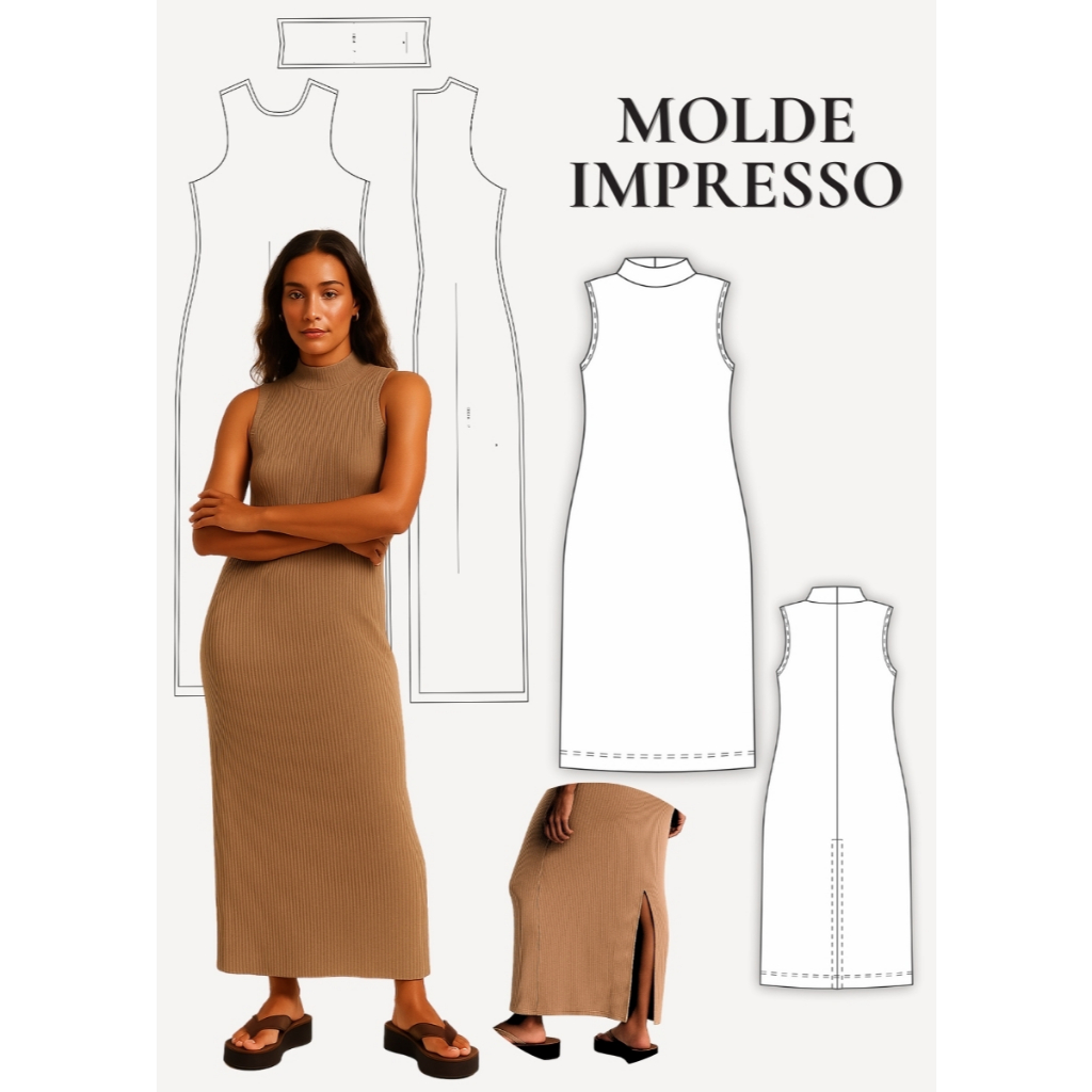 MOLDE EM PAPEL PARA COSTURA IMPRESSO VESTIDO REGATA COM GOLA ALTA ANA - MODELAGEM PARA COSTURA EM PAPEL KRAFT