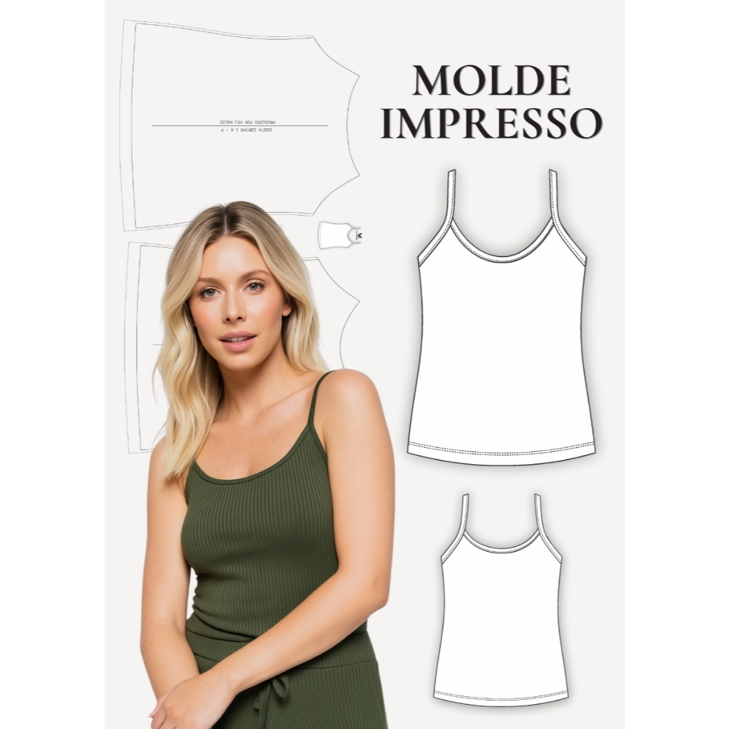 MOLDE EM PAPEL PARA COSTURA IMPRESSO  DE BLUSA FEMININA DE ALCINHA PLUS SIZE - MOLDE DE ROUPA PAPEL KRAFT