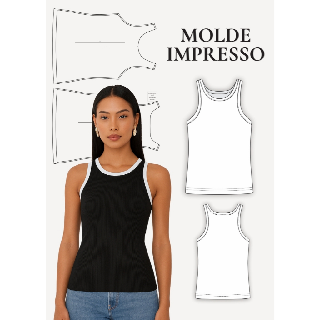 MOLDE EM PAPEL PARA COSTURA IMPRESSO DE REGATA FEMININA MOLDE PARA RIBANA - MOLDE DE ROUPA PAPEL KRAFT