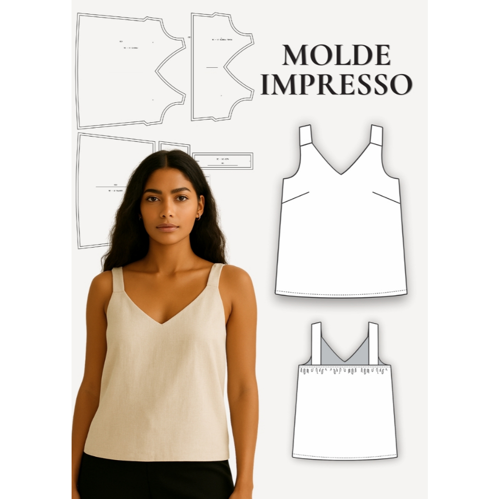 MOLDE EM PAPEL PARA COSTURA IMPRESSO DE BLUSA FEMININA DE ALÇA - MOLDE DE ROUPA PARA COSTURA PAPEL