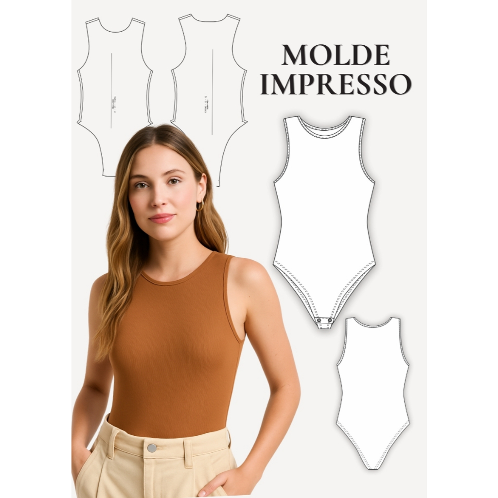 MOLDE EM PAPEL PARA COSTURA IMPRESSO BODY REGATA AMERICANA FEMININO PLUS SIZE - MODELAGEM PARA COSTURA IMPRESSO