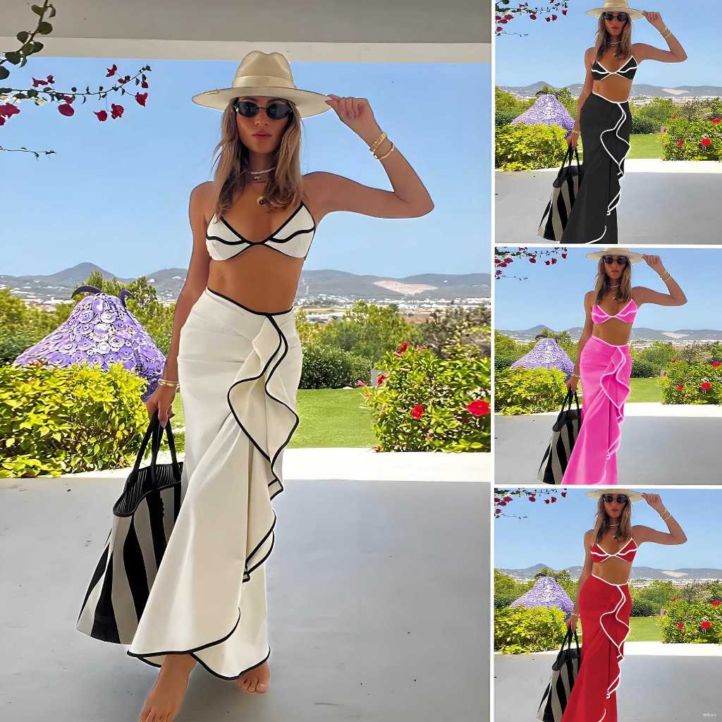 Conjunto de Maiô Bikini Feminino de Três Peças em Estilo Europeu e Americano Decote Canelado em Oferta na Shopee