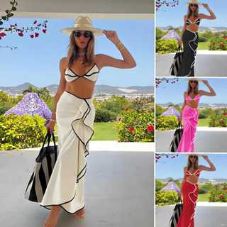 Conjunto de Maiô Bikini Feminino de Três Peças em Estilo Europeu e Americano Decote Canelado em Oferta na Shopee