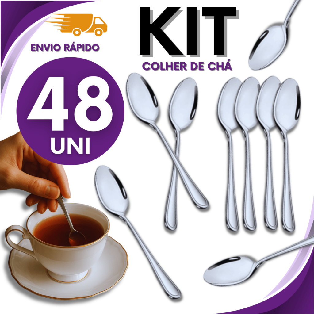 Kit 48 Colher de Chá Aço Inox Talher Luxo Cozinha Bar Restaurante Buffet Cafeteria Faqueiro Premium Utilidades