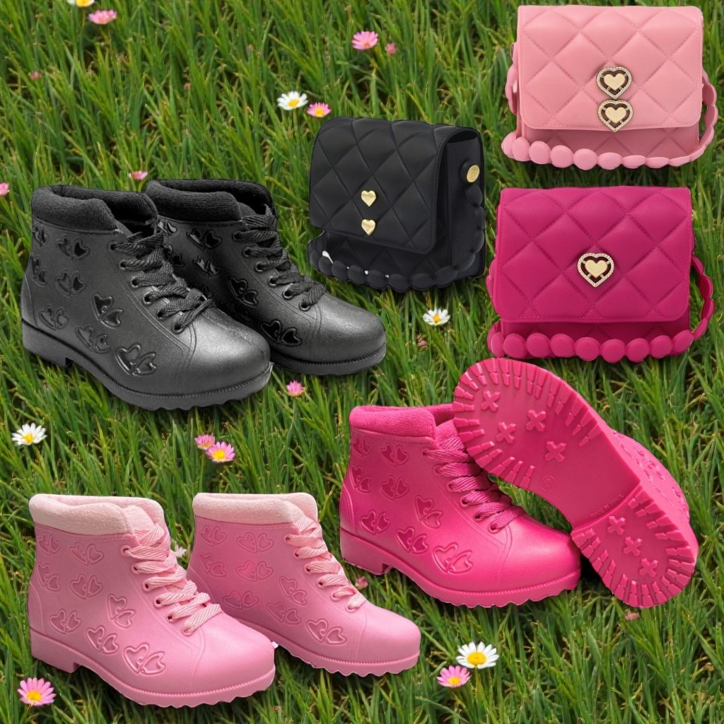Conjunto Infantil Bota + Bolsinha Coração Feminino |Material Confortável E Impermeável Offdd
