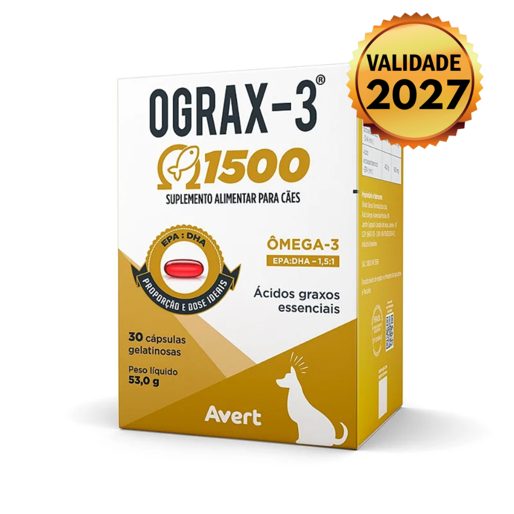 Ograx 1500 mg Suplemento para Cães e Gatos Omega 3 Avert 30 Cápsulas Envio Imediato