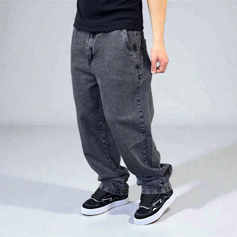 Calça Reta Baggy Masculina Jeans Preto Estonado