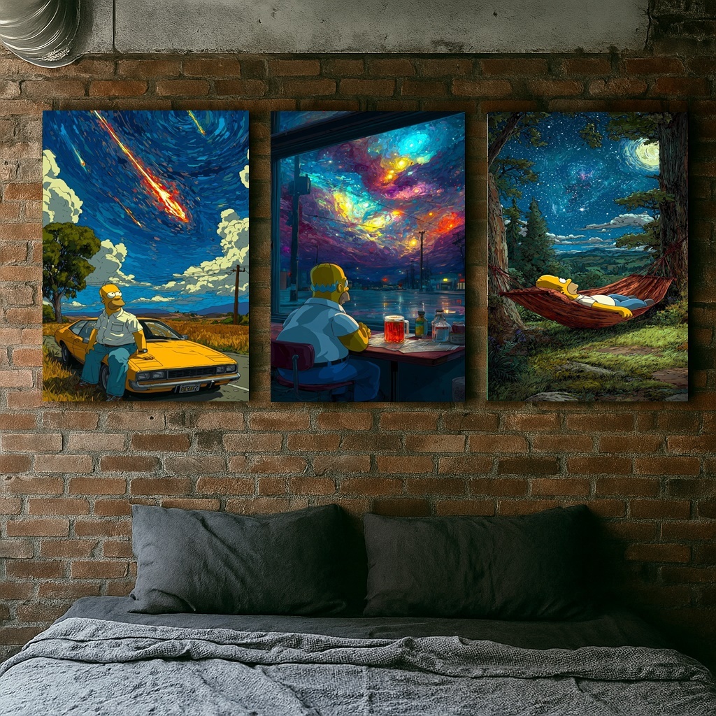 Kit com 3 quadros decorativos em MDF 20x28 com dupla face inclusa – Simpsons Homer Psicodélico | Arte Vibrante e Colorid