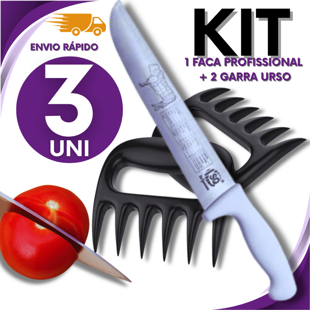 Kit 3 Unidades - 2 Garra de Urso Desfiar Carne Churrasco Saladas Multiuso + 1 Faca Profissional  Carne Churrasco Premium