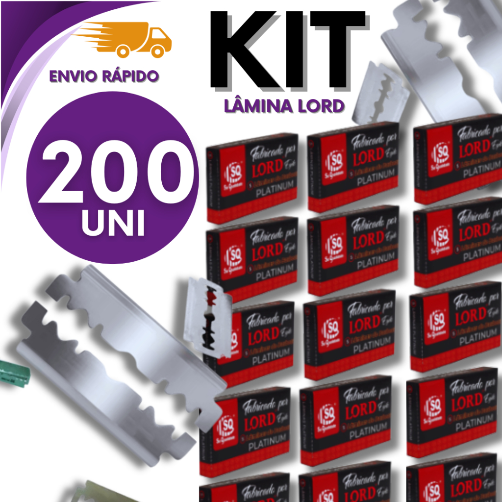 Kit 200 Lâmina Para Barbear LORD PLATINUM Profissional Gillete Para Barbeiros Premium Utilidades