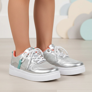 Tênis Feminino Prata Metálico Juvenil com Brilho Sola Plataforma Confortável em Oferta na Shopee