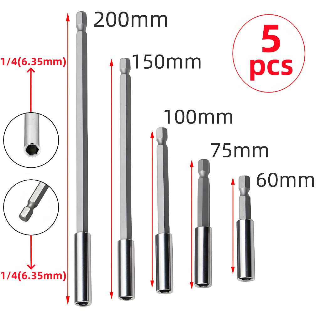 Kit 5 Porta Bit Extensor Magnético Aço Cromo Vanádio 60/75/100/150/200 mm 1/4'' com alça hexagonal