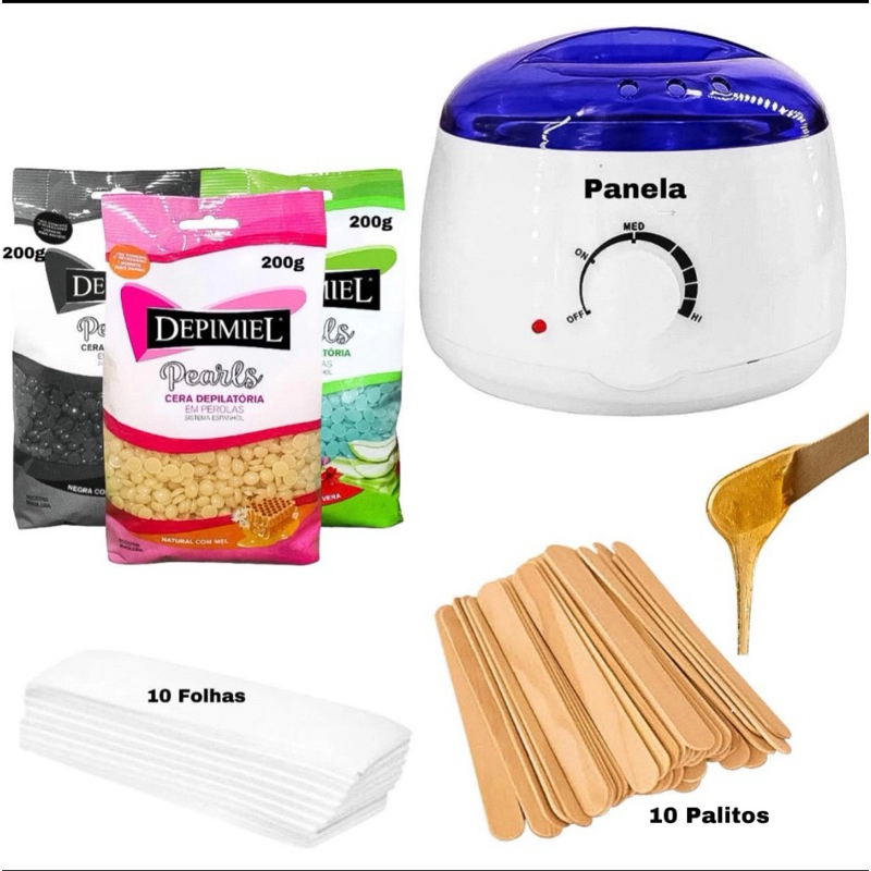 Kit Panela Elétrica Cera Quente Depilaçao Aquecedor + 200g Cera Perolada + Palito Kit Panela Elétrica Cera Quente Depilaçao Aquecedor + 200g Cera Perolada + Palito