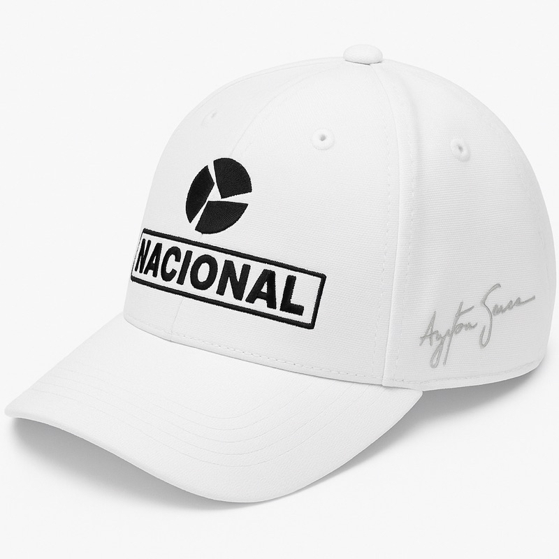 Boné Ayrton Senna Nacional Azul Fórmula 1 Retrô Assinatura dos lados.