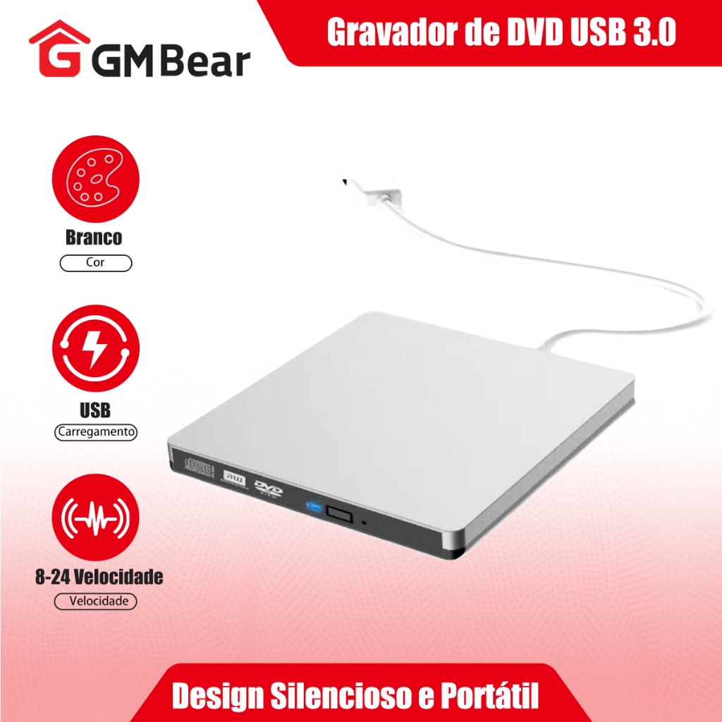 GM Bear Gravador e Leitor de DVD Externo USB 3.0 Slim - Compatível com CD/DVD para Windows e MacBook | gravador externo
