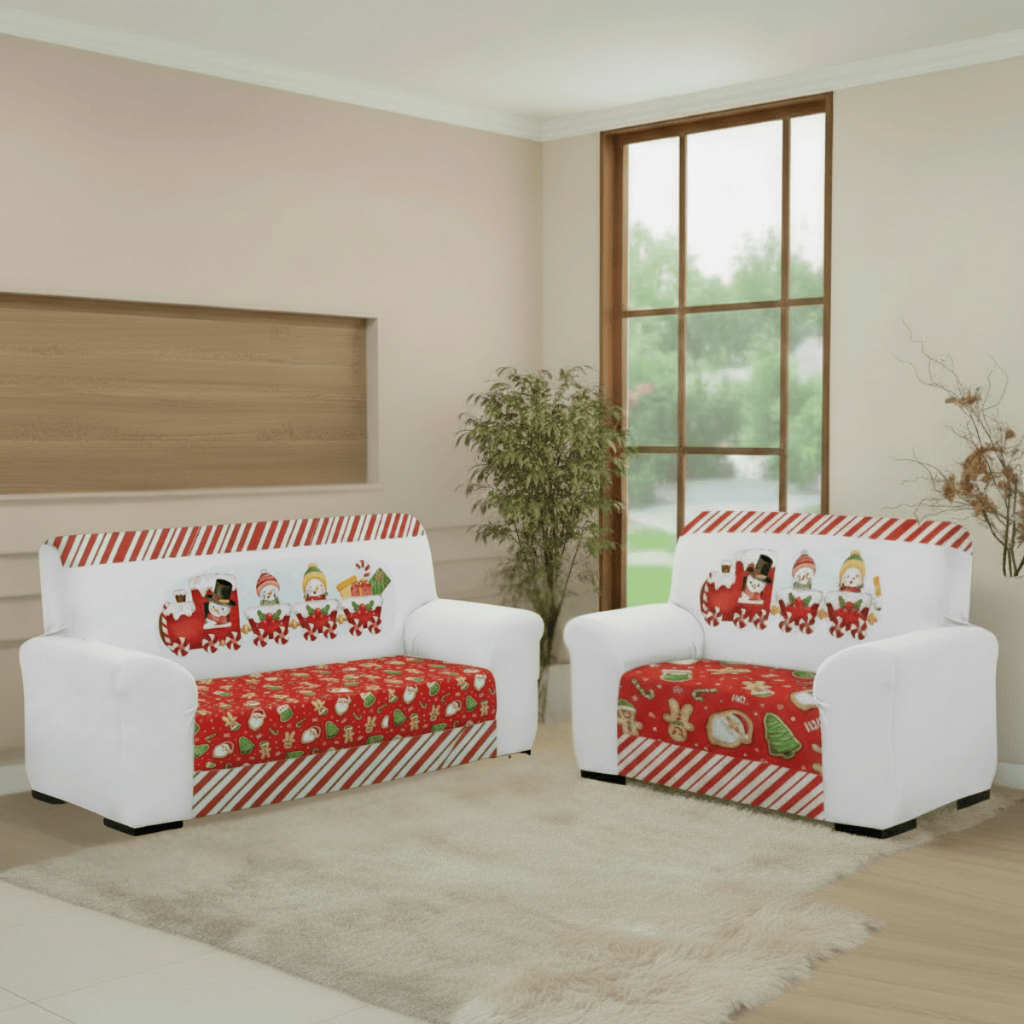 Kit Capa de Sofá 3 e 2 Lugares Coladinha Natal Estampa Exclusiva Sala Aconchegante