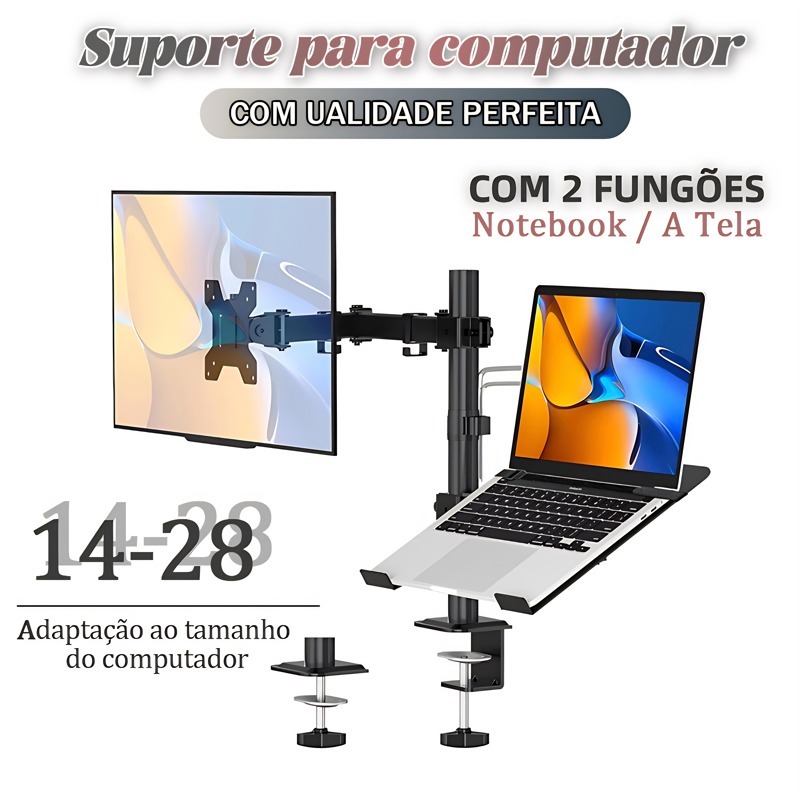Suporte Articulado Duplo para Monitor/Notebook suporta até 10 kg compatível com monitores de 13in a 32in