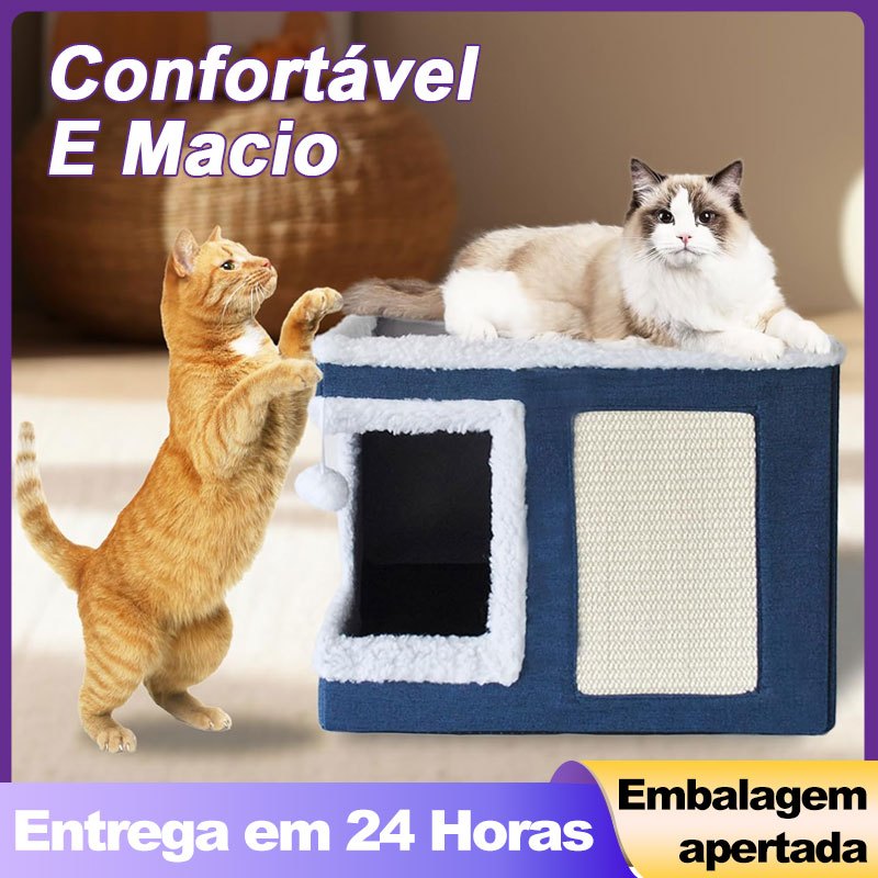 Casinha para Gatos Inverno Quente com Cama Arranhador Sisal e Brinquedo