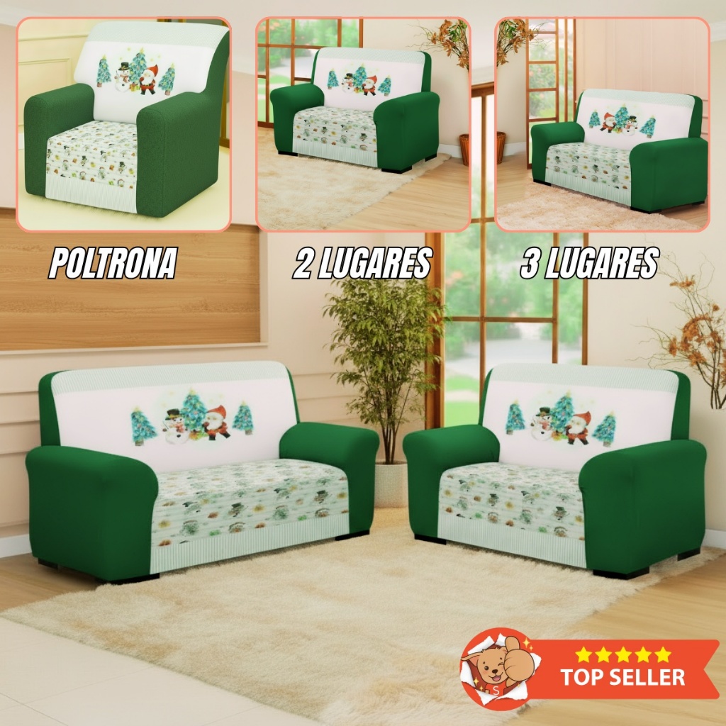 Capa de Sofá 2 (POLTRONA, 3 LUGARES, 2 E 3 LUGARES) Lugares Coladinha Natal Estampada Sala Decorada
