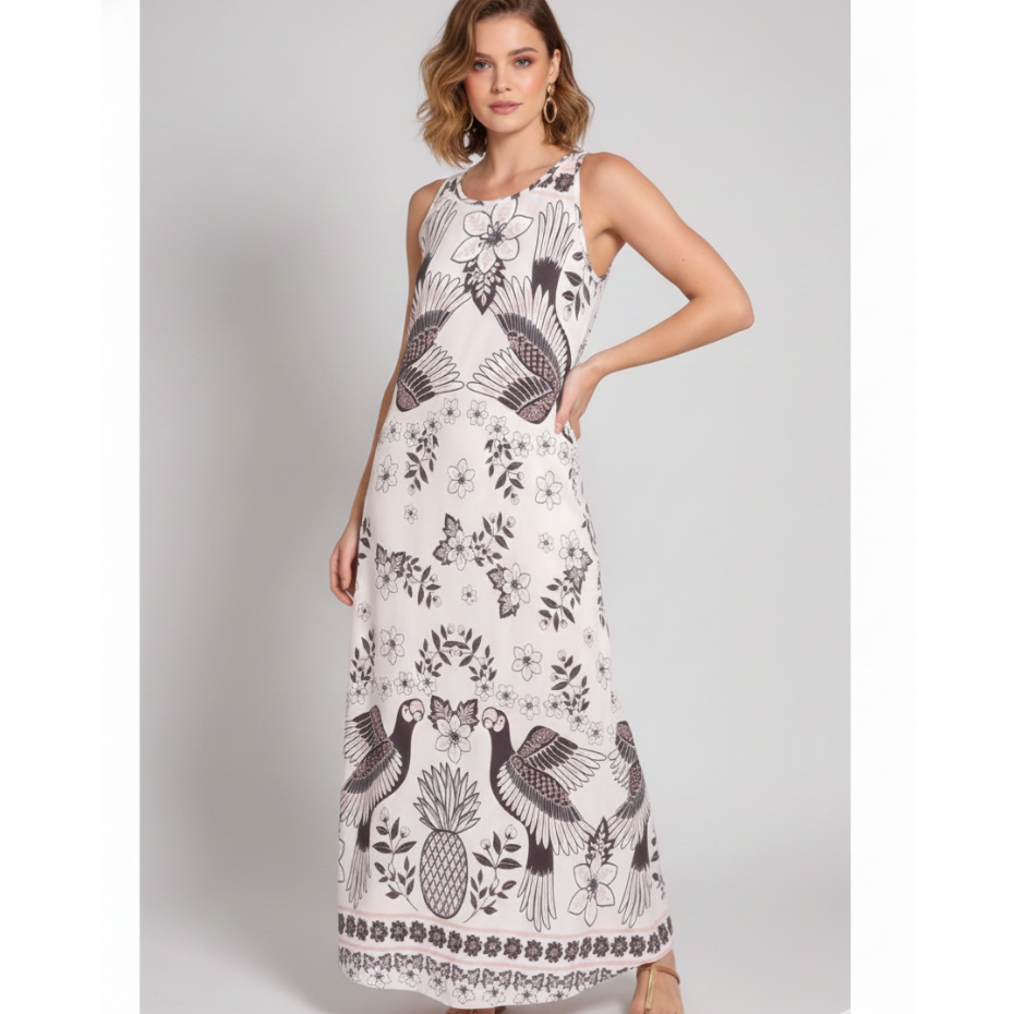Vestido Longo Com Costas U Estampa Tropical Tecido Premium Elegante