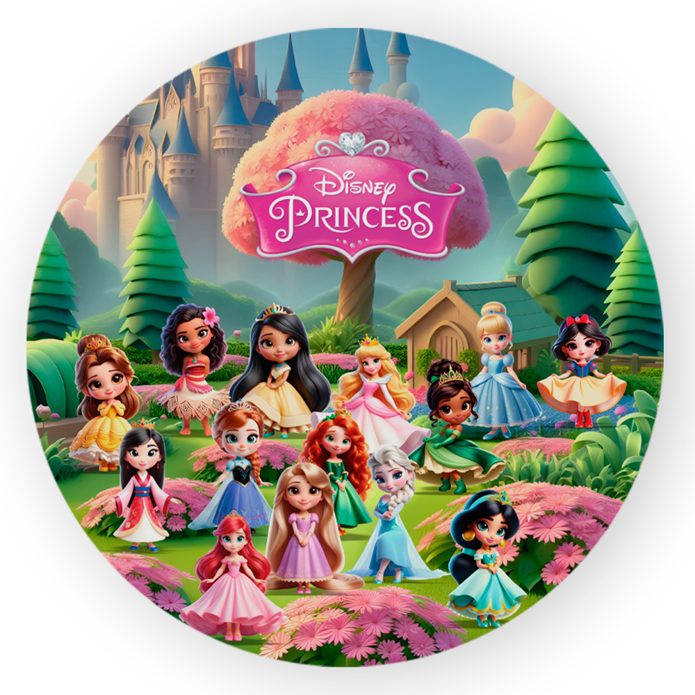 Capa Painel Festa 1,50x1,50 Redondo Sublimado Tema Menina Princesa Filme Conto De Fadas Feminino Decoração Infant