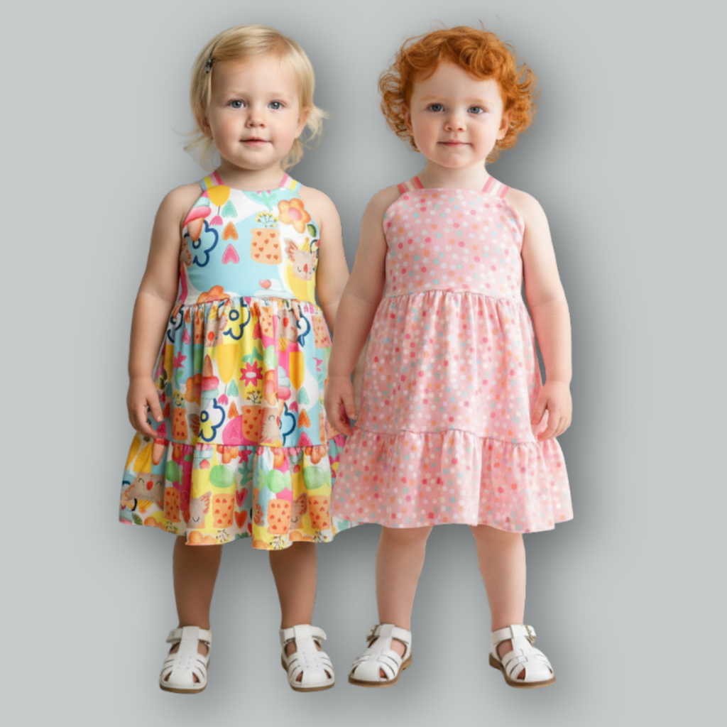 2 peças Vestidinhos Infantis Menina Malha Feminino Colorido Estampado Rodado Alcinha Suave