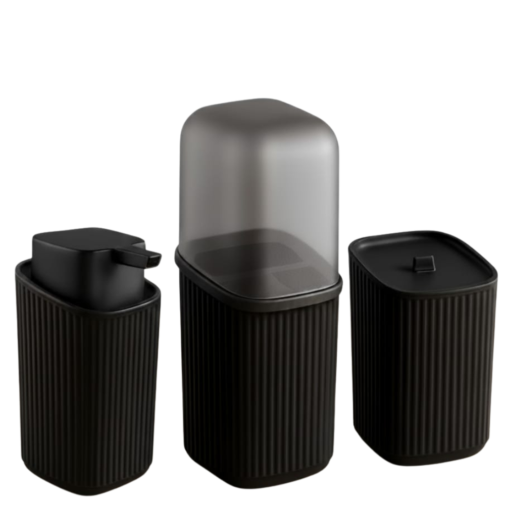 Kit Banheiro 3 Peças | Porta Algodão + Dispenser Sabonete Líquido + Porta Escova Moderno em Oferta na Shopee