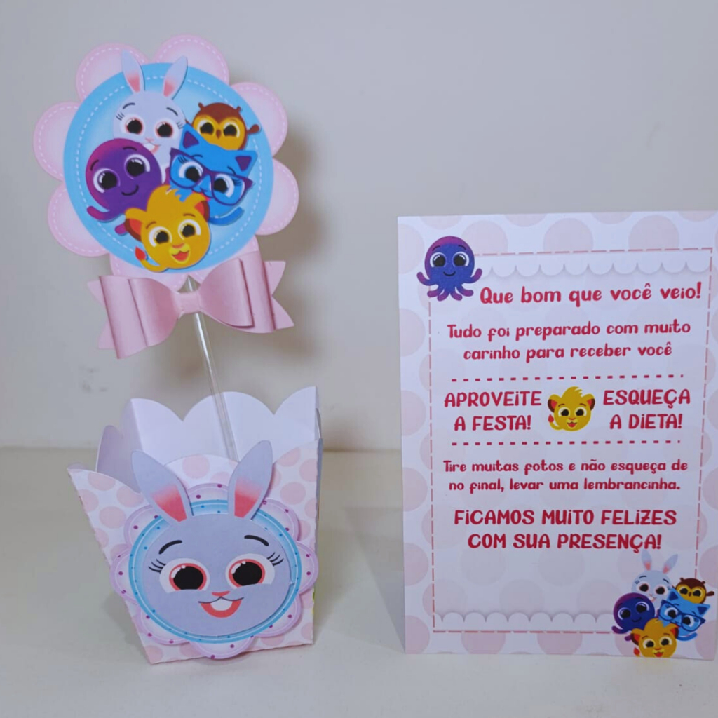 Kit Centro de mesa Bolofofos Rosa - Cachepôt Personalizado | Enfeite Plaquinha Decoração