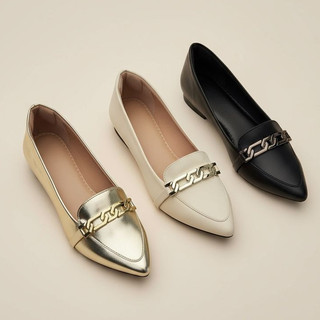 Sapatilha Feminina Confortável Luxo Elegante Sapato Feminino Mocassim Bico Fino Corrente