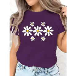 CAMISETA CASUAL MINIMALISTA FEMININA ESTAMPA FLORAL MARGARIDAS 100% ALGODÃO