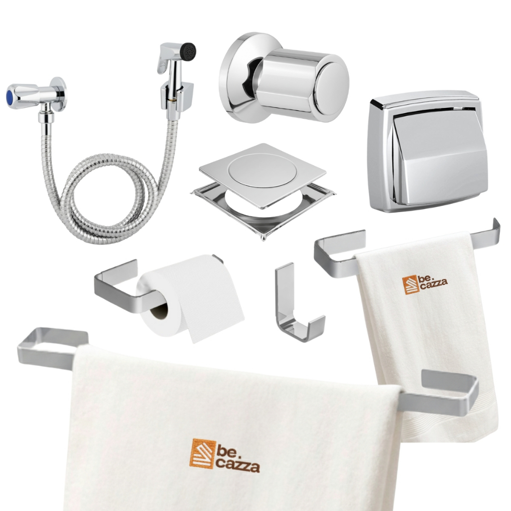 Kit Banheiro Cromado 8 Peças com Ducha, Acabamento Deca, Acabamento Hydra e Ralo Click 10x10