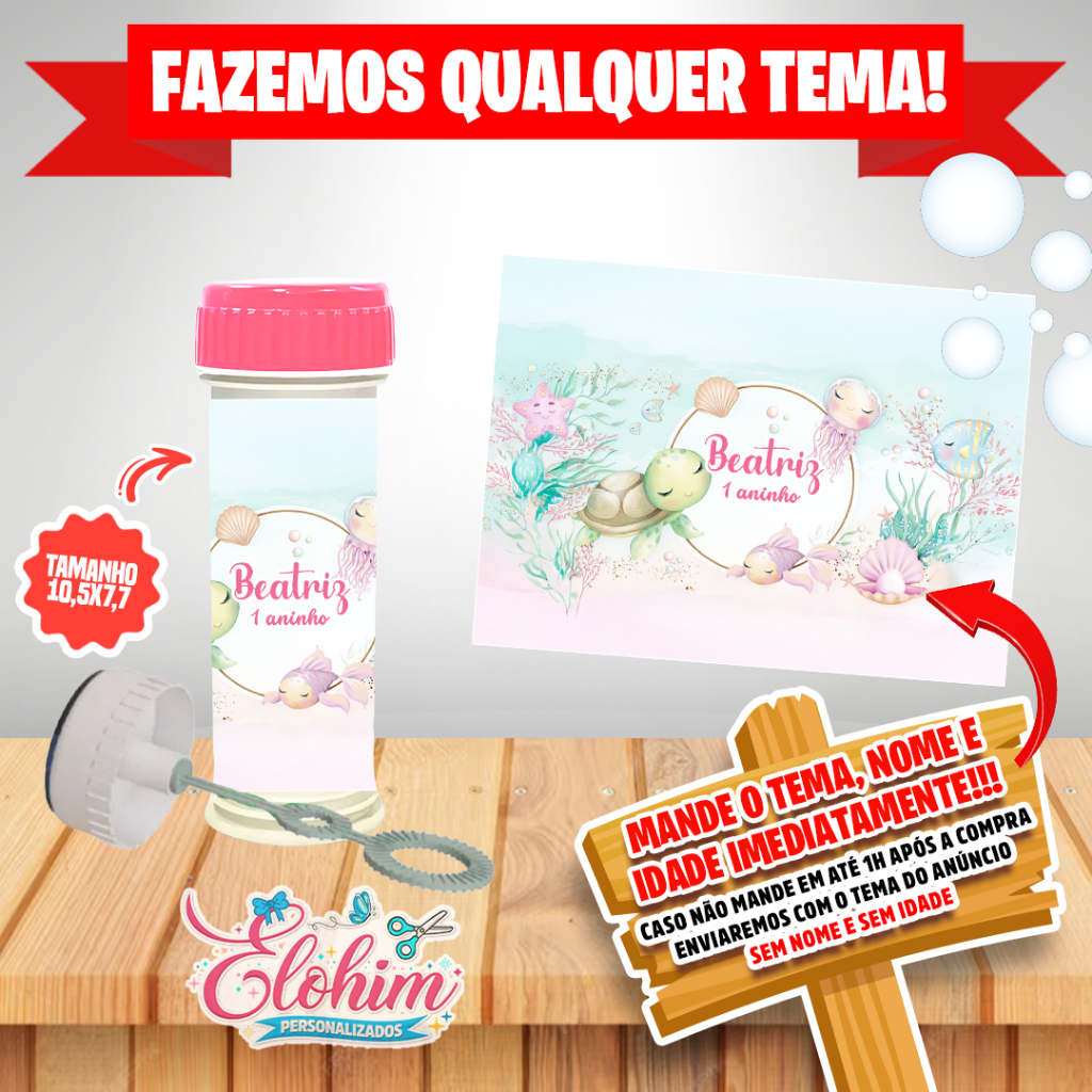 Rótulo Adesivo para personalizar Bolha de Sabão (FAZEMOS QUALQUER TEMA) Fundo do Mar Menina
