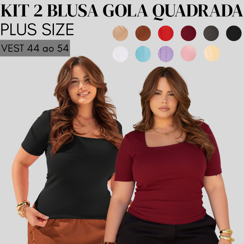 KIT 2 Blusa Plus Size Social Chique com Gola Quadrada Verão Moda Feminina Plus Size Elegante Curvy