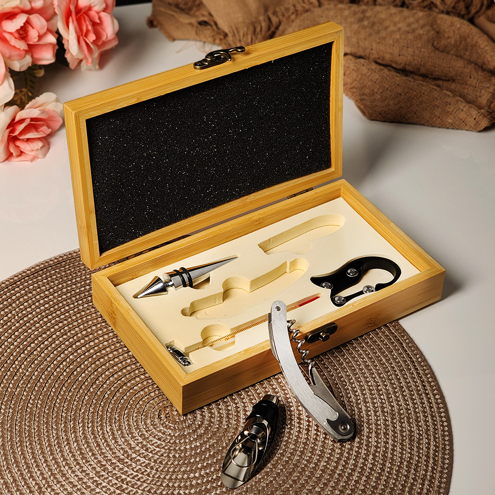 Kit para Vinho com 5 Peças Caixa Bambu Acessórios Sommelier Presente Elegante para Amantes de Vinho