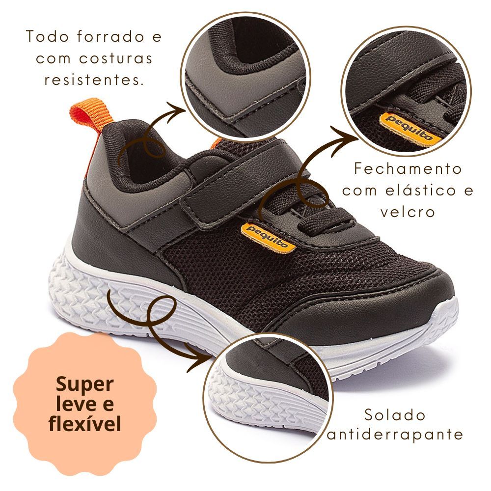 Tênis Infantil Menino Preto Cadarço Elástico Calce Fácil Leve Confortável Esportivo 5201 Pequito — imagem 2 de 2
