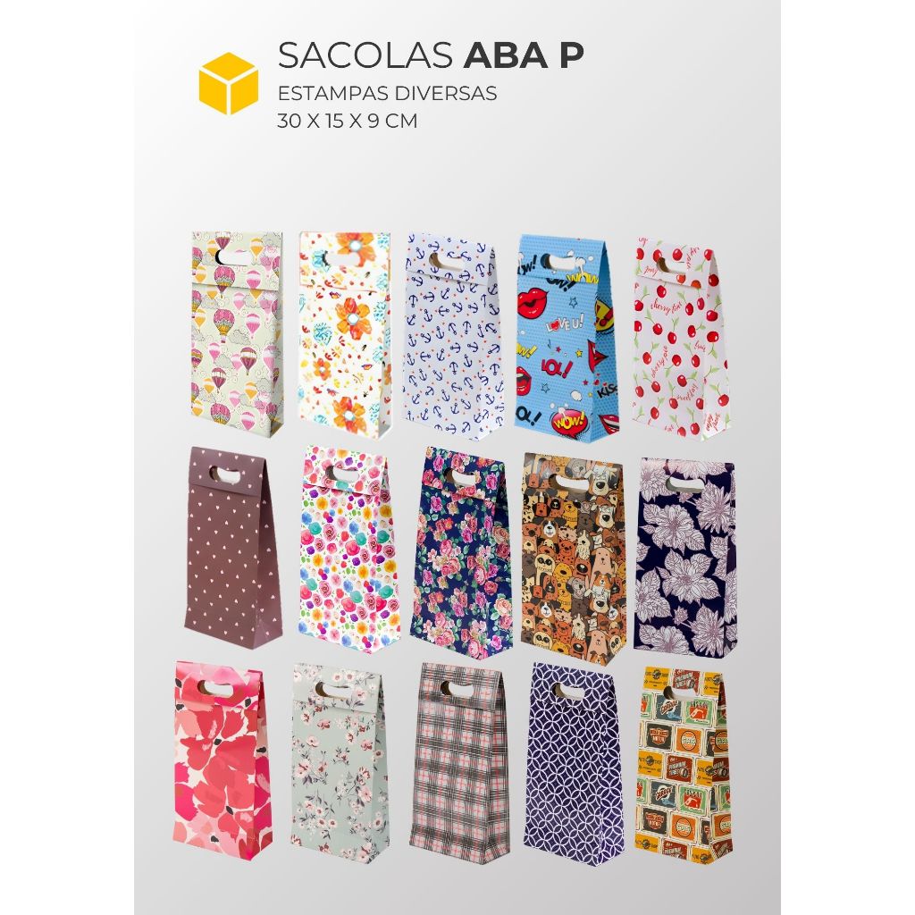 Sacola de Presente  30x15x9 cm – Papel Duplex 225g | Várias Estampas Pacote com 10 uni.
