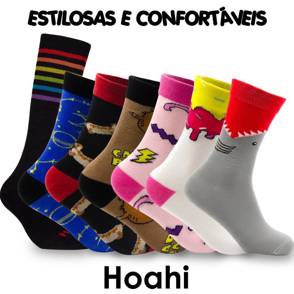 Kit Meias Hoahi Cano Alto Longo Algodão Estampadas Divertidas Coloridas Adulto Confortável Original em Oferta na Shopee