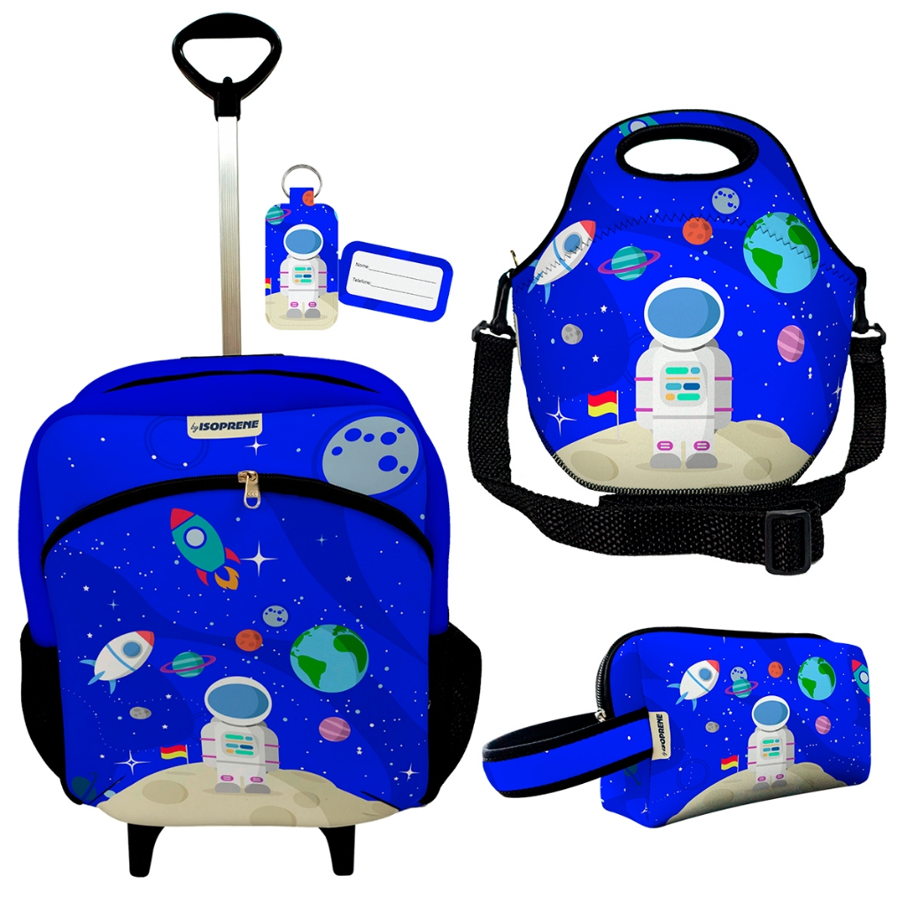 Kit Escolar Premium Mochila com Rodinhas Infantil + Lancheira Térmica + Estojo Astronauta Azul Claro