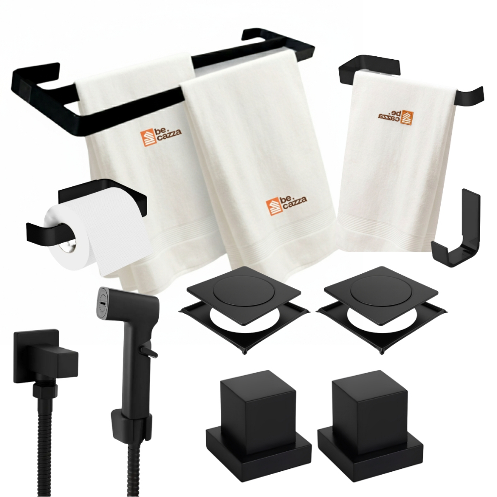 Kit Banheiro Toalheiro Duplo + Ducha Higiênica + Acabamento  +  Ralo Click Inox 