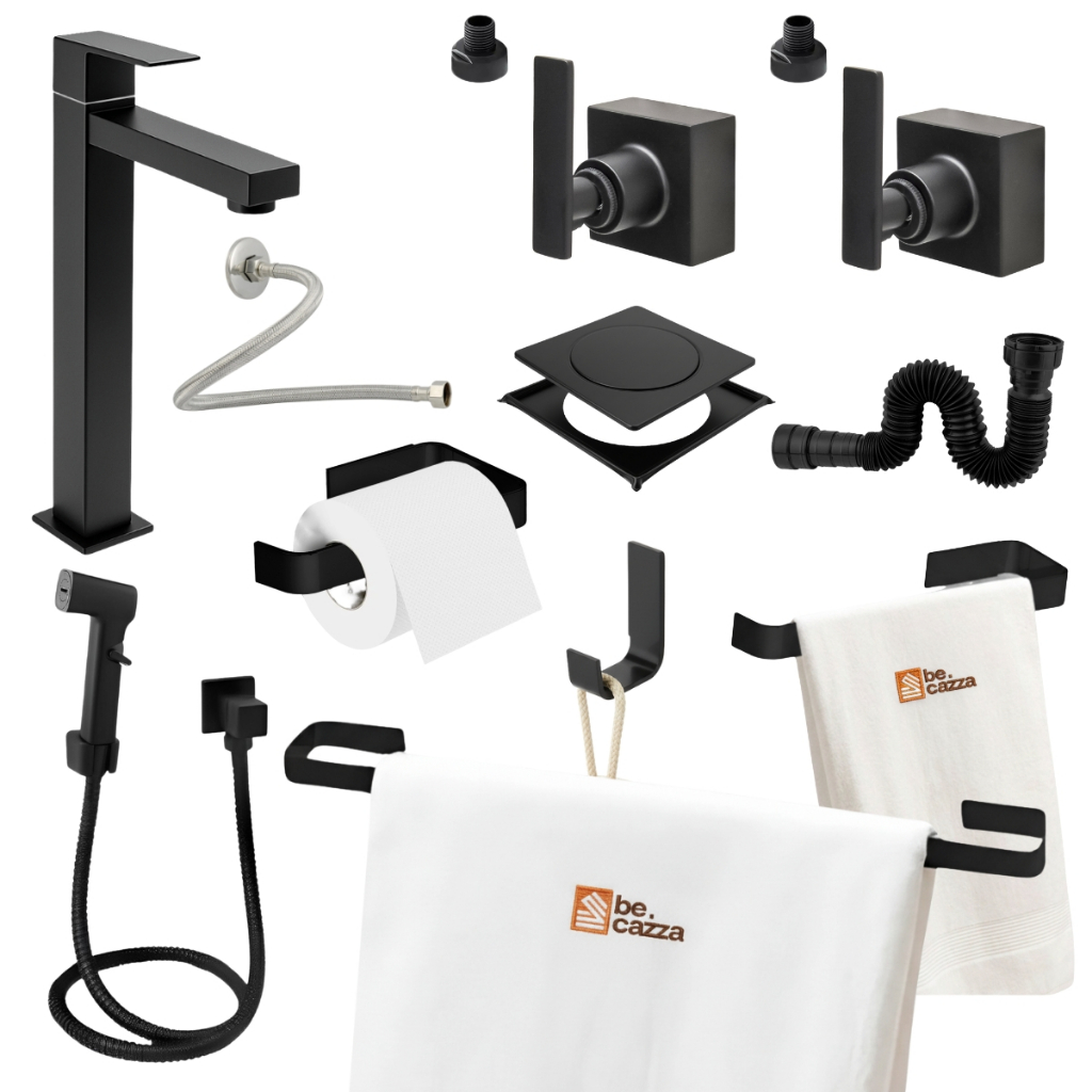 Kit Banheiro Lavabo Preto Completo Acabamento Docol Ducha Torneira Alta Ralo Sifão Engate Luxo