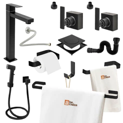 Kit Banheiro Lavabo Preto Completo Acabamento Docol Ducha Torneira Alta Ralo Sifão Engate Luxo