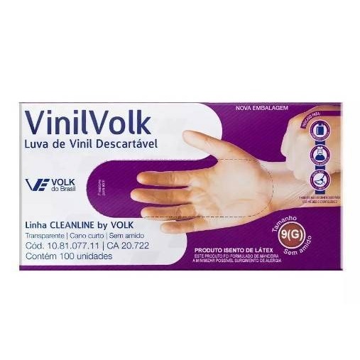 Luva de Vinil sem Amido Descartável Transparente com 100 Unidades - Volk