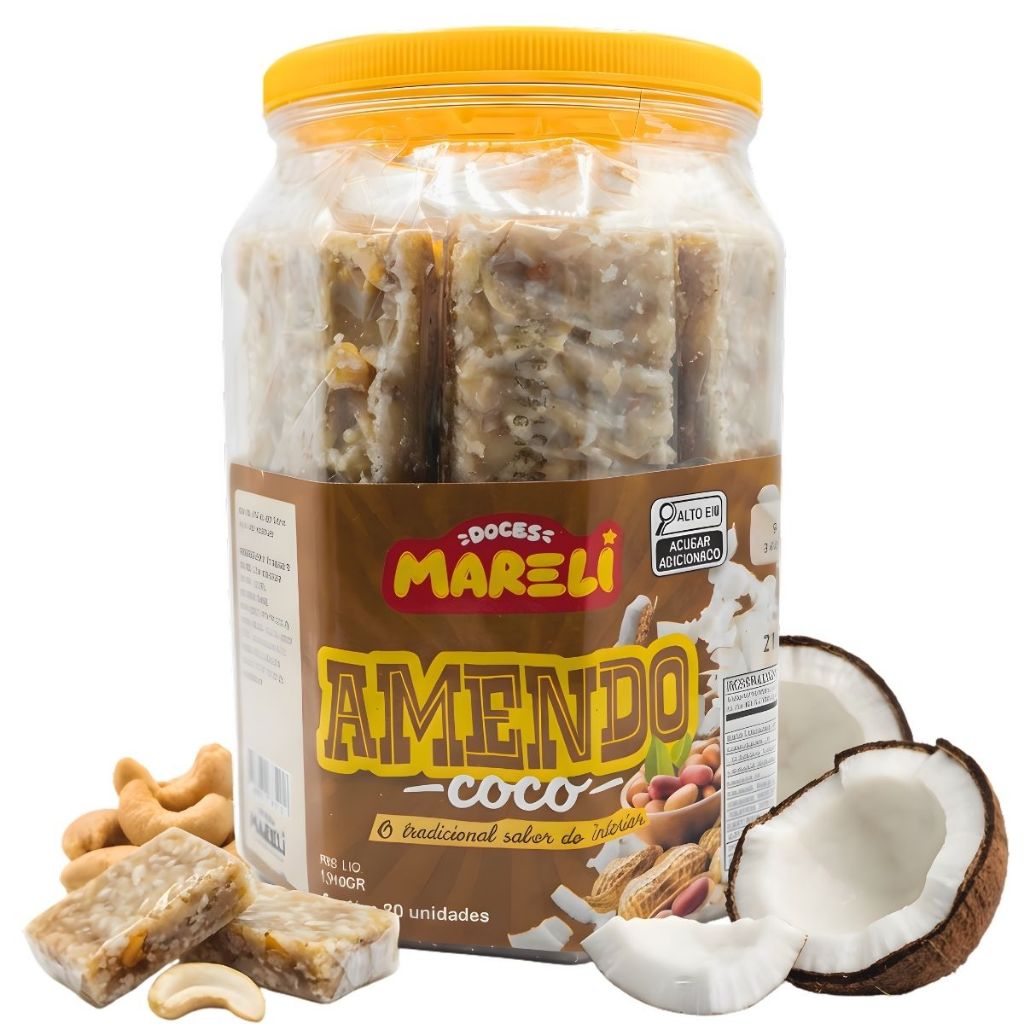 Doce Amendococo Pacoca Caseira Amendoim Coco Cocada Festas Eventos Doces Mareli Pote com 20un - 1Kg